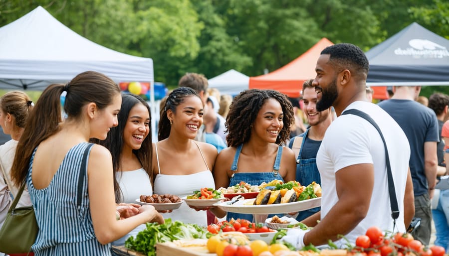 Multicultural food festival with various ethnic food stalls and visitors in park setting