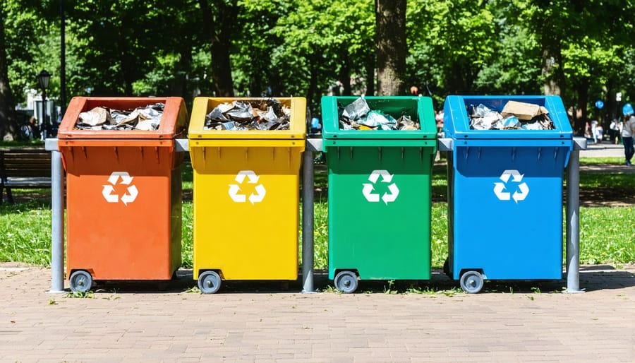 Park visitors learning about waste management at interactive recycling station