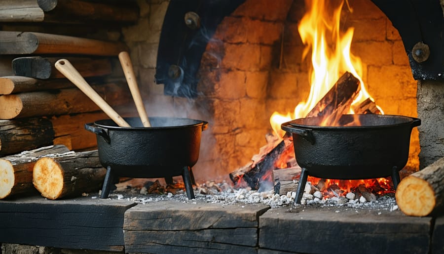 Historical interpreter cooking over an open hearth using period-accurate cookware