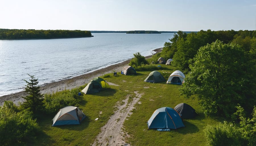 Scenic overhead shot of Lake Ontario waterfront camping at Presqu'ile Provincial Park