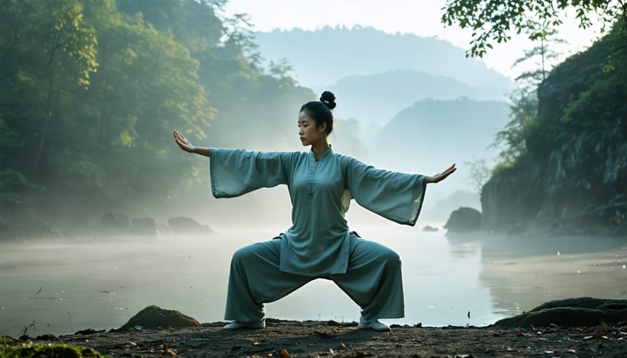Silhouette of person performing qigong movements in a misty forest at sunrise