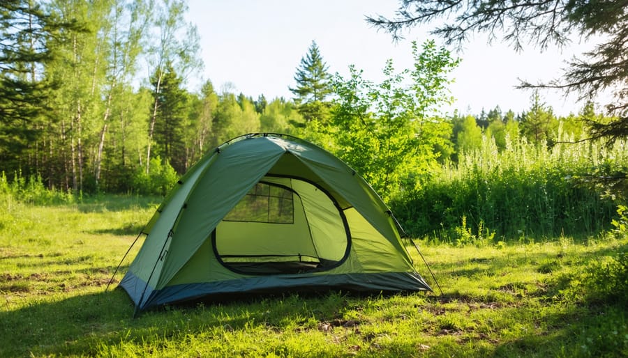 Recycled material tent pitched near a lake with pine trees in the background
