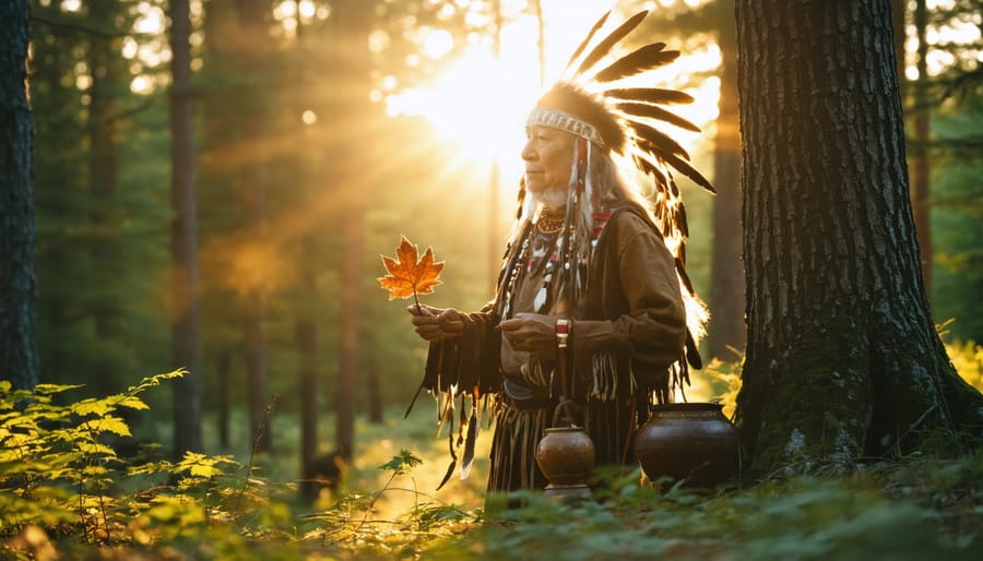 Indigenous elder stands in a forest at sunrise, holding eagle feathers and traditional vessels, performing a sacred ceremony near a maple tree.