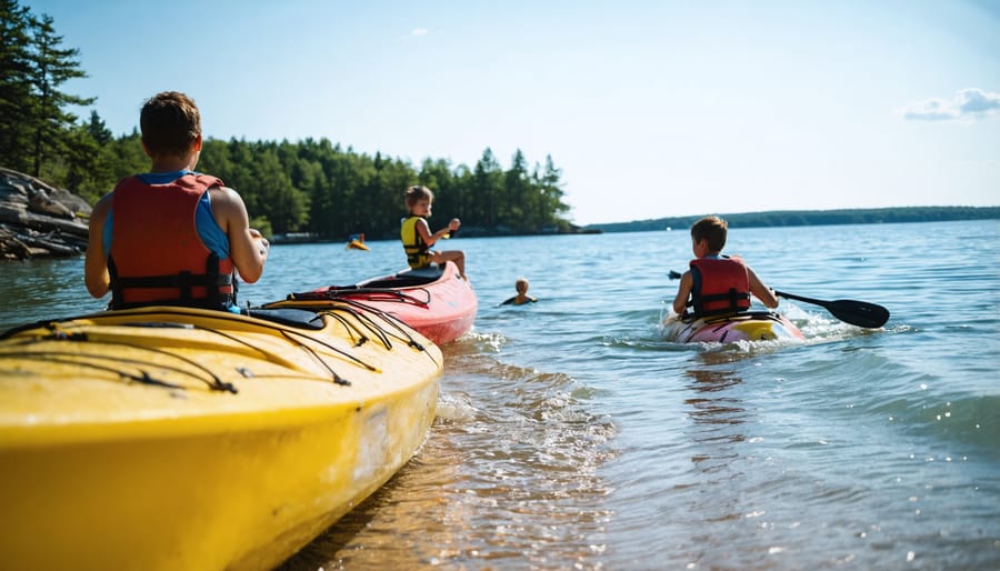 People kayaking and swimming at Sandbanks Provincial Park beach on Lake Ontario