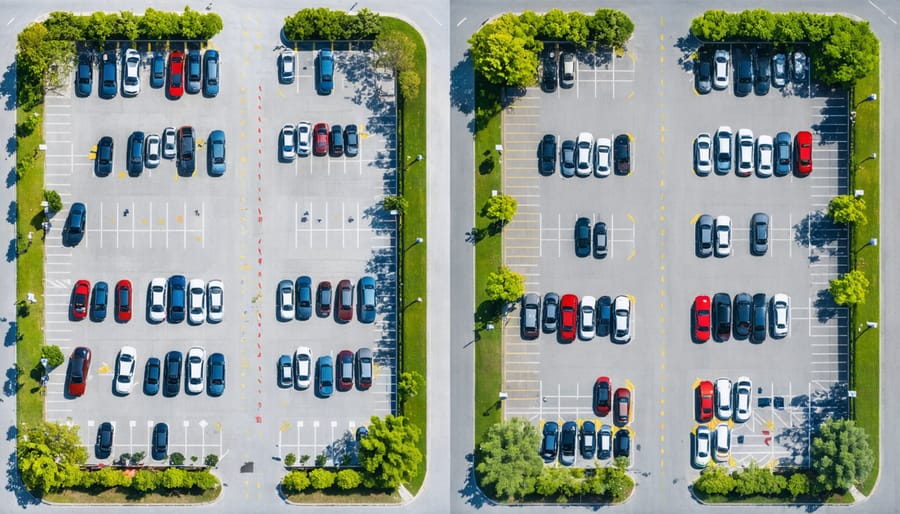 Side-by-side comparison of a heritage trail parking lot in summer and winter conditions