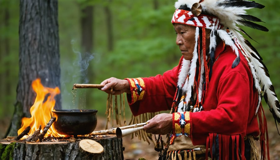 Elder performing traditional maple syrup ceremony with ceremonial vessels and eagle feathers near maple trees