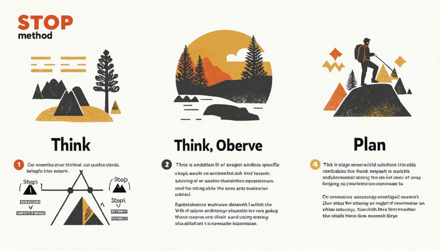 Step-by-step illustration of the STOP crisis management method in wilderness survival