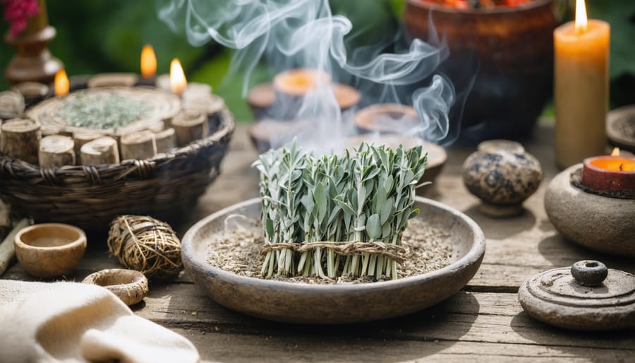 Sacred smudging ceremony with sage smoke, abalone shell, and feathers during summer celebration