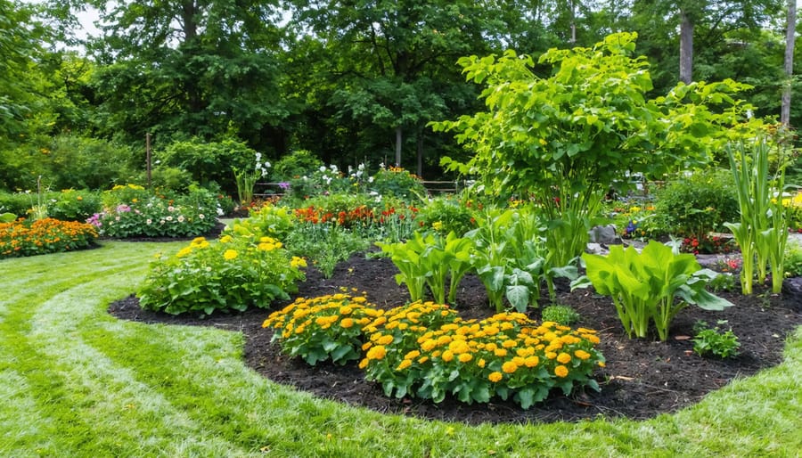 A vibrant garden scene illustrating sustainable agricultural practices, including a Three Sisters planting, drip irrigation, and companion planting with marigolds and tomatoes, symbolizing harmony with nature.