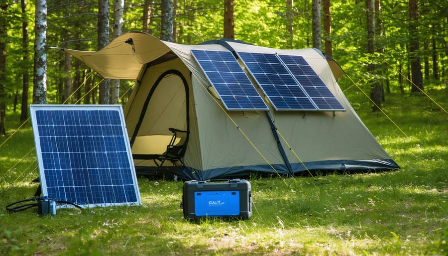 Portable solar panels charging camping equipment next to a tent in a wooded area
