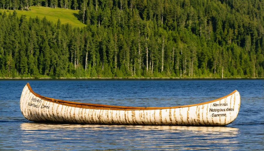 Traditional canoe near shoreline with interpretive sign displaying place names in both Indigenous language and English