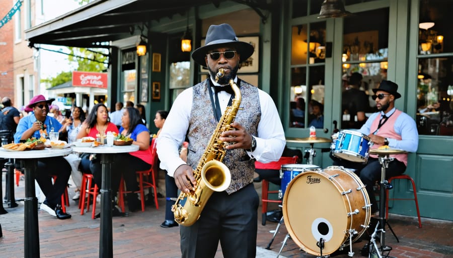 Musicians playing jazz while people dine on traditional New Orleans food in the Treme neighborhood