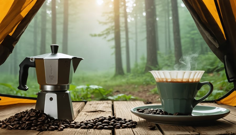 Pour-over coffee setup at a campsite with Ontario wilderness in background