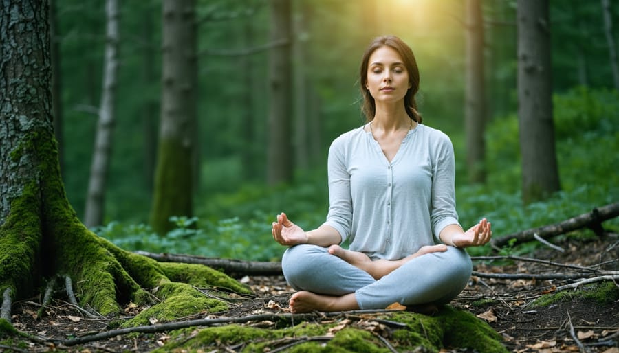 Wilderness traveler practicing mindfulness techniques while sitting on a log in a Canadian forest