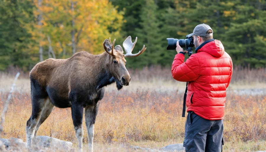 Photographer using a telephoto lens to photograph wildlife from a respectful distance