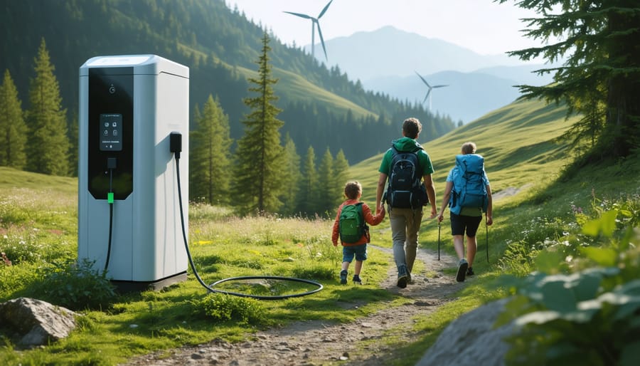 Modern eco-friendly trail rest stop with wind turbines and solar panels powering device charging stations