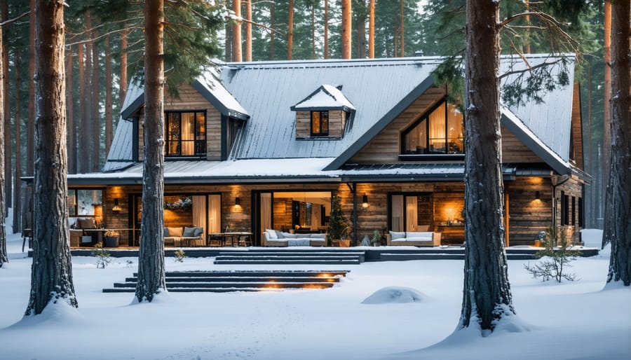 Sustainable wellness lodge nestled in snowy Ontario forest landscape at dusk