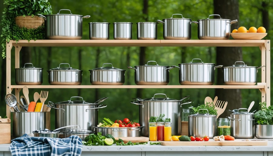 Zero-waste camping kitchen display with metal cookware and plastic-free storage solutions