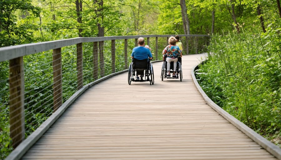Accessible wooden boardwalk with gentle slopes winding through a forest, showing people of various abilities enjoying nature