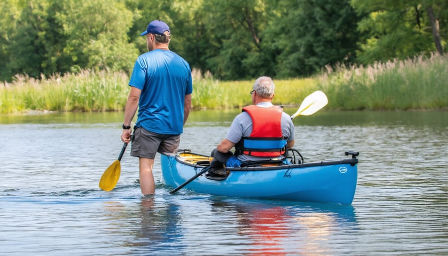 Park guide showing specialized kayaking equipment to wheelchair users at a lakeside dock