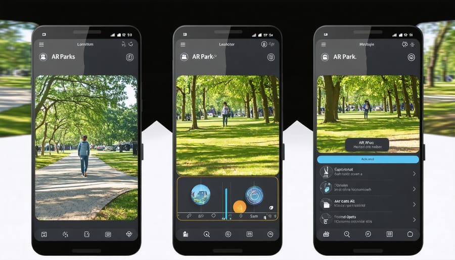 Collection of AR park application interfaces displaying various features and navigation options