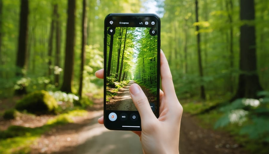 Augmented reality view of a hiking trail through a smartphone screen showing virtual navigation markers and trail information