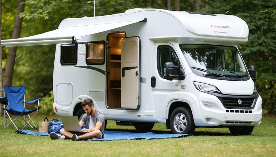 RV camper working remotely with laptop at a smart campground with WiFi connectivity