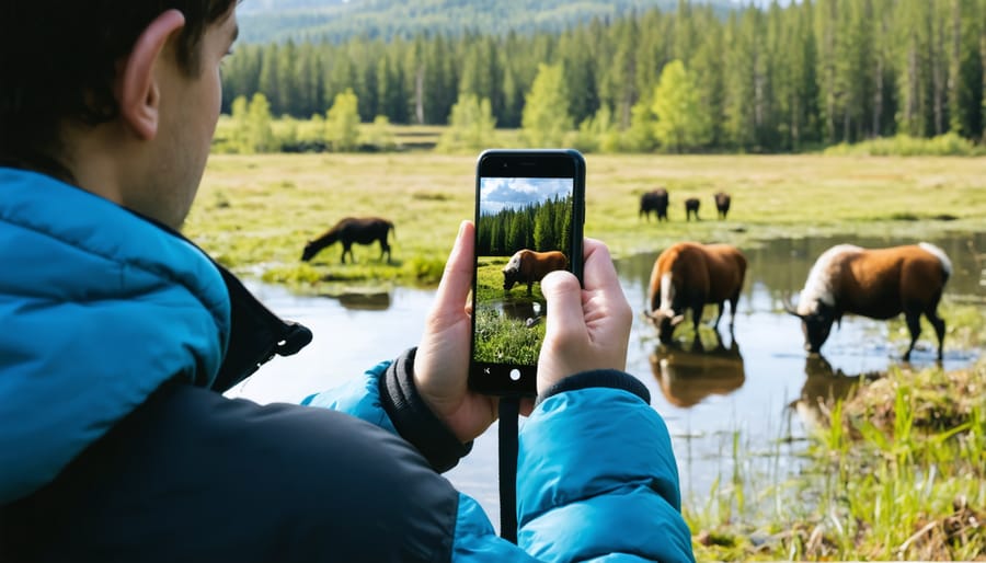 Nature enthusiast using digital device to capture photos and notes about wildlife in a park setting