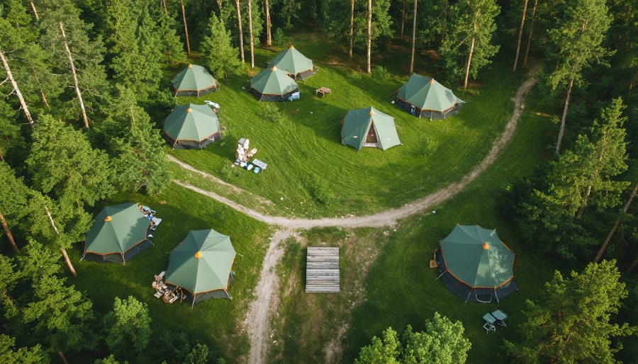 Bird's eye view of a low-impact campsite nestled among trees in an Ontario park