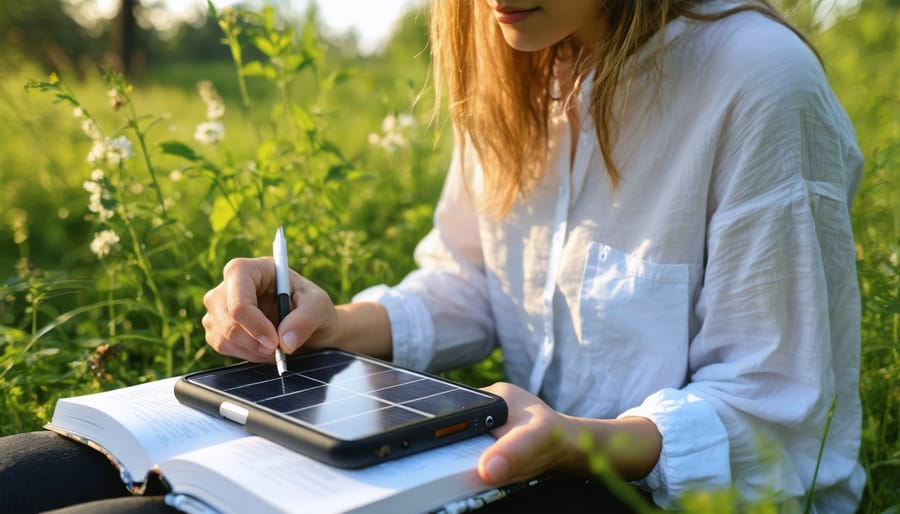 Hiker using eco-friendly solar charging solution for digital device in outdoor setting