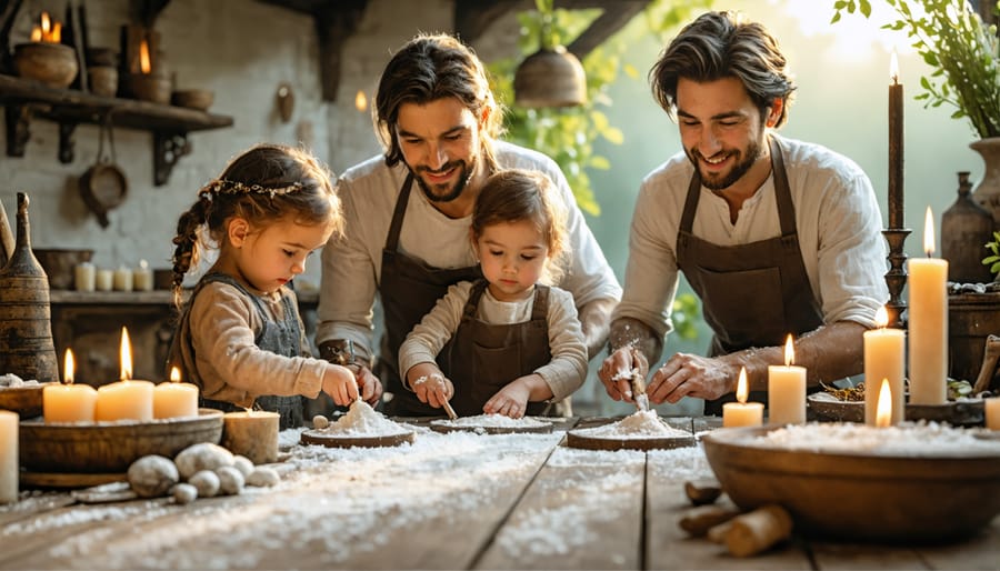 Parents and children dipping wicks into wax during a heritage candle-making demonstration