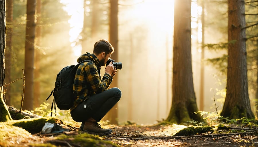 Photographer capturing serene forest moments during golden hour