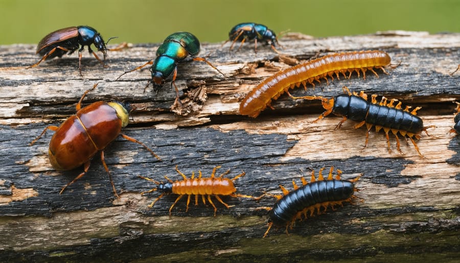 Various insects exploring and living within a decaying fallen tree trunk