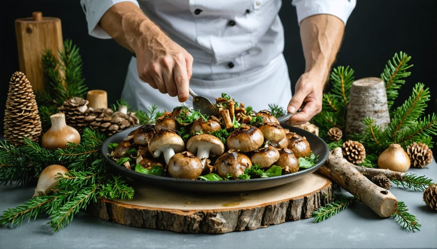 Chef preparing forest-to-table dish with foraged ingredients in rustic restaurant kitchen