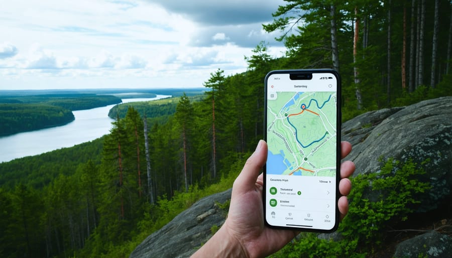 Split-screen image showing a natural hiking trail and an AI trail planning app interface