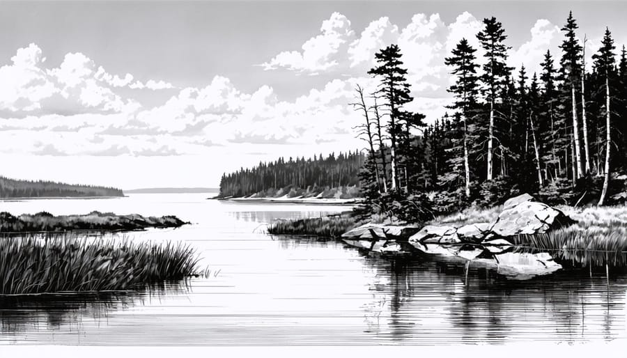Historic black and white photograph of Algonquin Park's untouched wilderness featuring a misty lake and pine trees