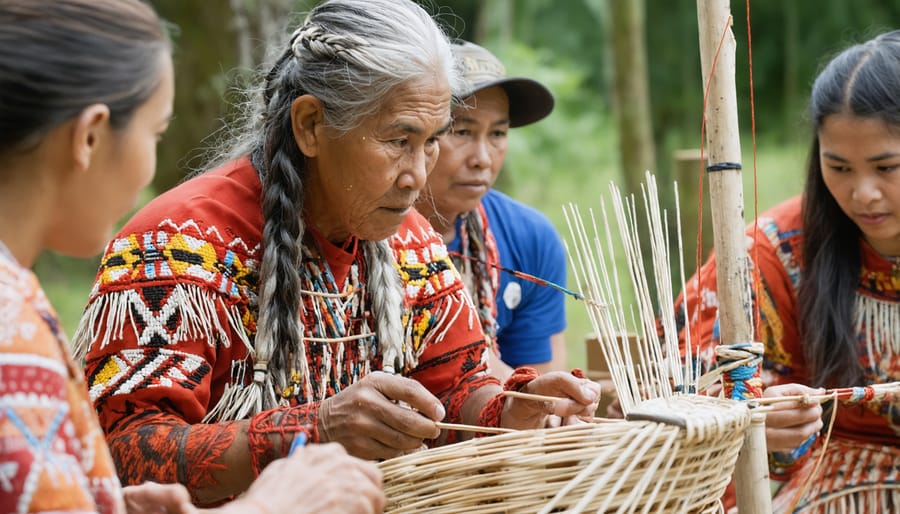 Elder demonstrating traditional basket weaving techniques to attentive workshop participants