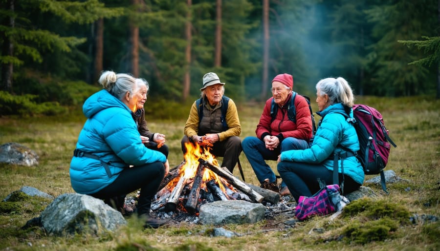 Indigenous elder telling traditional stories to attentive listeners gathered around a campfire at dusk