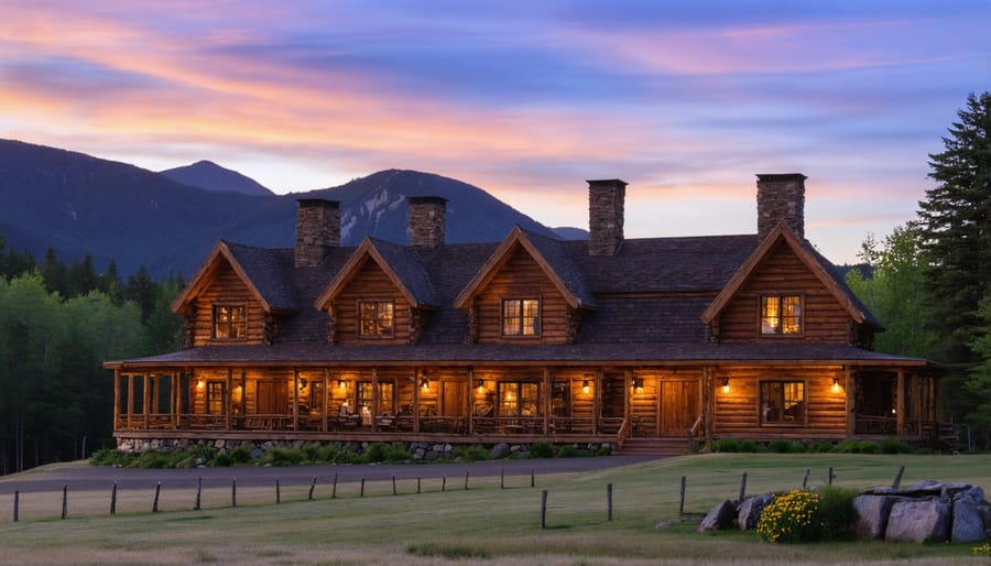 Killarney Mountain Lodge's wooden exterior with Georgian Bay and La Cloche Mountains in background