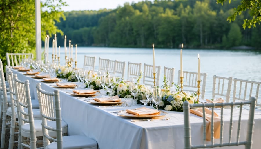 Beautifully decorated outdoor dining setup near Ontario lake with natural decor