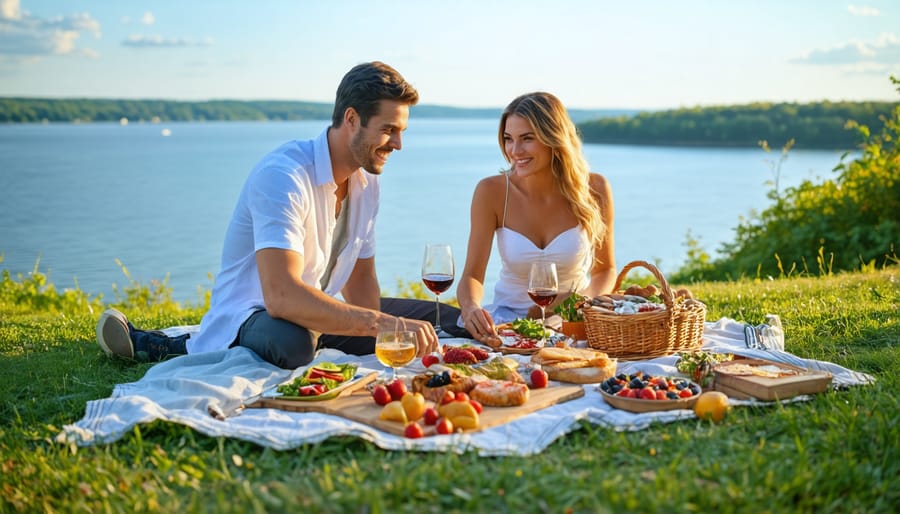 Picnic setup with local takeout food and Lake Ontario vista in the background