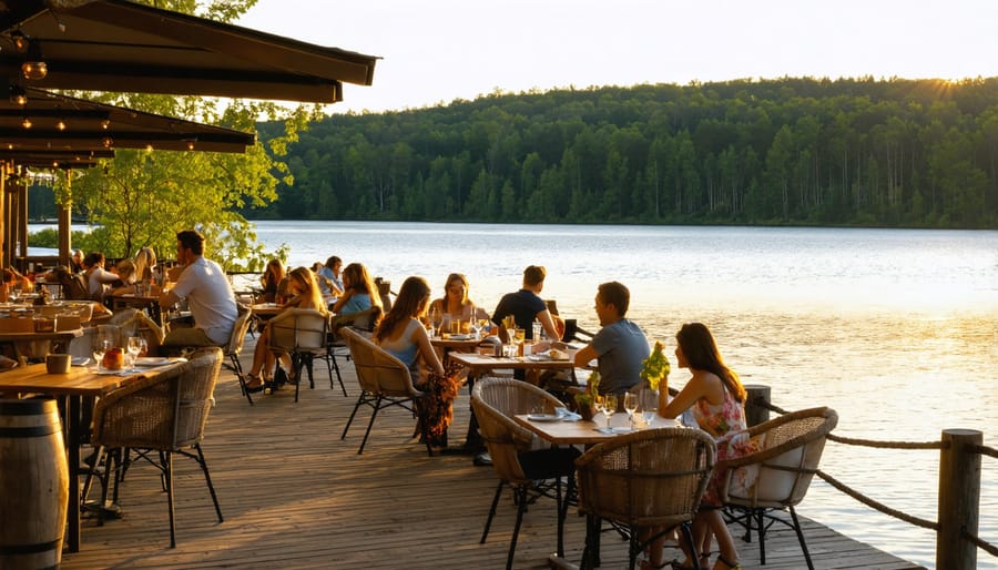 Lakeside restaurant patio with diners enjoying dinner overlooking Ontario lake waters at sunset
