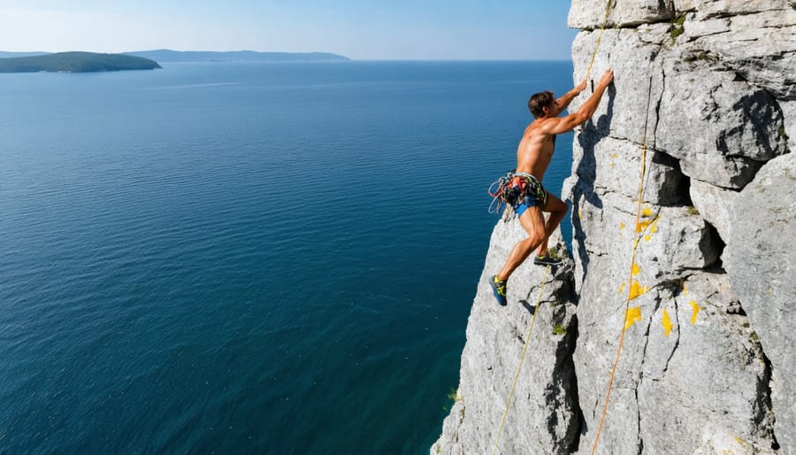 Rock climber on a challenging route at Lion's Head Provincial Park with panoramic water views