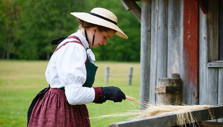 Person wearing 19th century clothing demonstrating blacksmithing to visitors