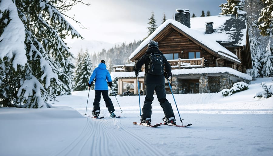 People enjoying winter activities near an Ontario park lodge in snowy conditions