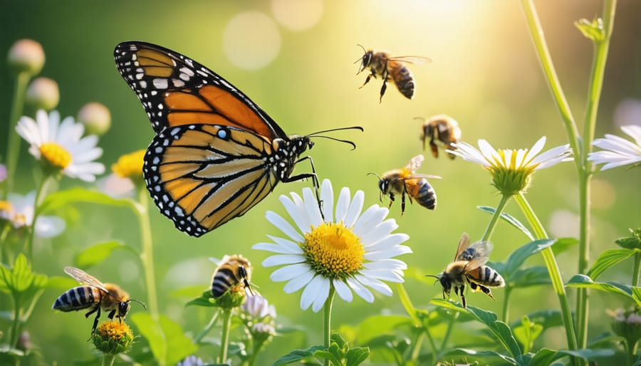 Pollinators gathering nectar from colorful wildflowers in an Ontario meadow