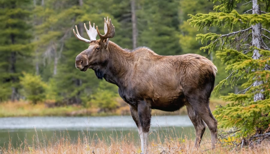 Vintage color photograph of a bull moose standing in shallow water during sunrise
