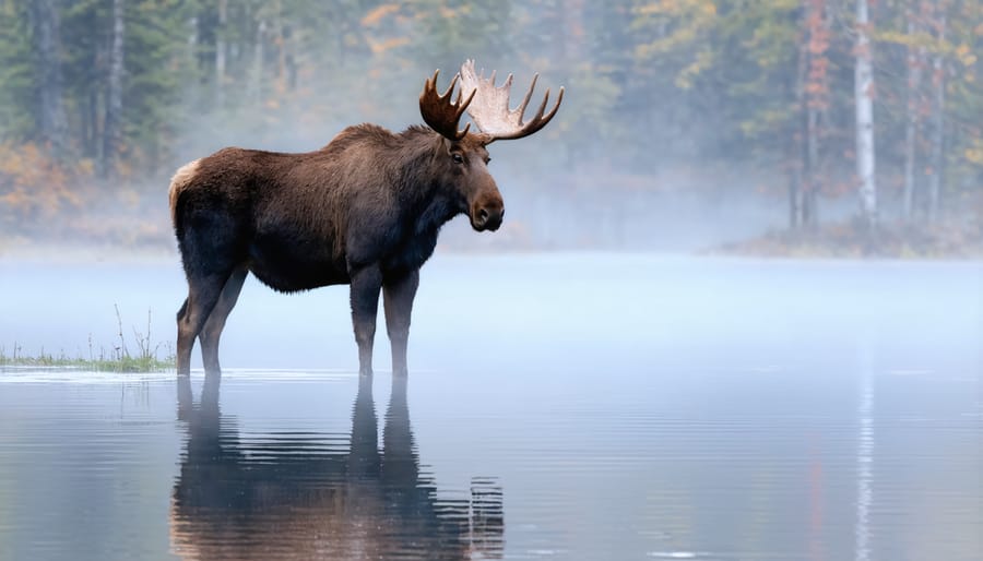 Majestic bull moose wading in a misty Algonquin Park lake during sunrise