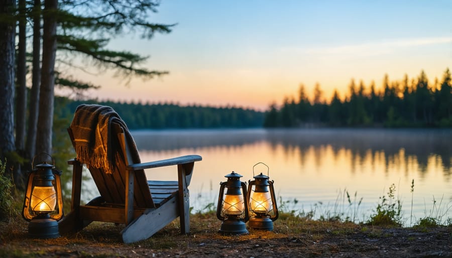 Traditional wooden Muskoka chair with cozy accessories on a cottage dock