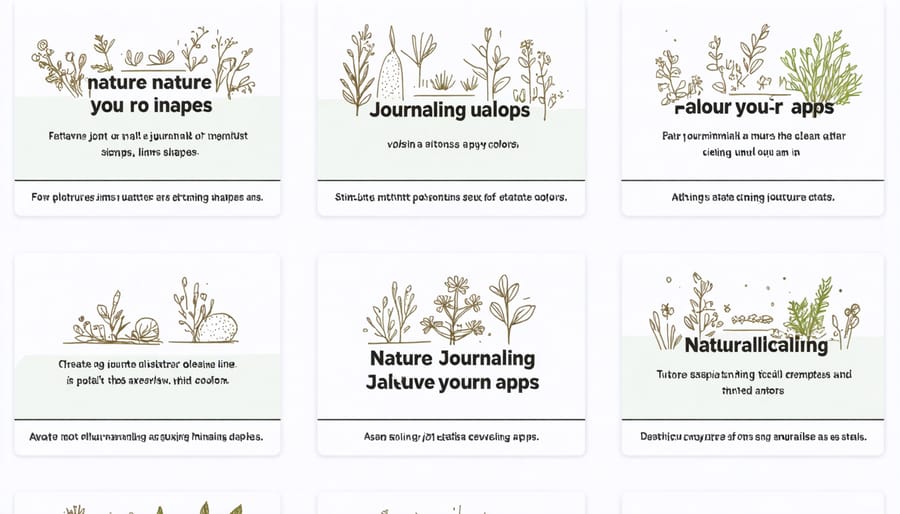 Collection of app interfaces displaying digital nature journaling features including photo uploads, note-taking, and GPS tracking